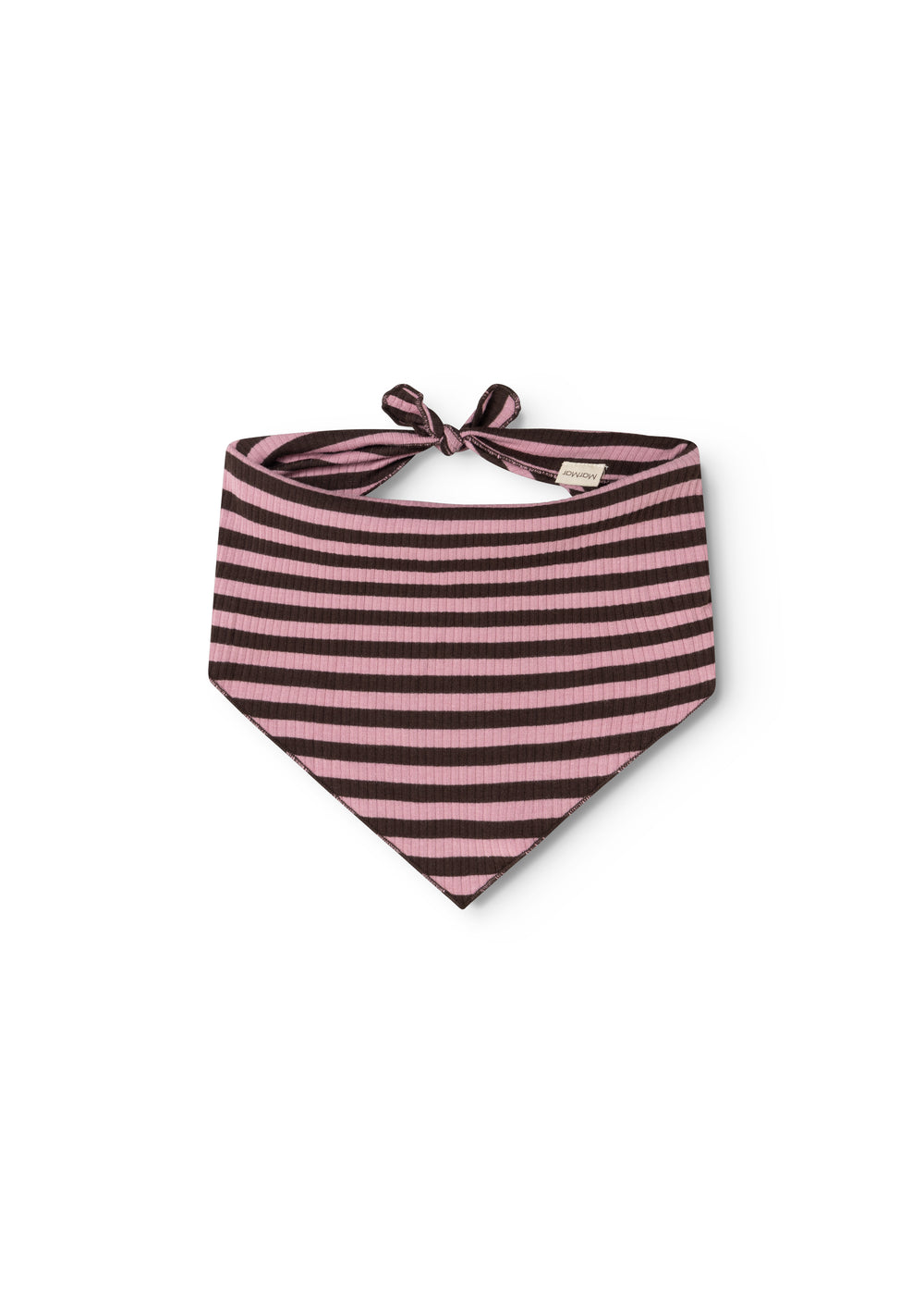 Tørklæde med striber i rosa og mørkebrun, knyttet sløjfe foran.