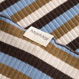 Trekantet stribet tørklæde i blå, brun og offwhite med kant og mærkelabel