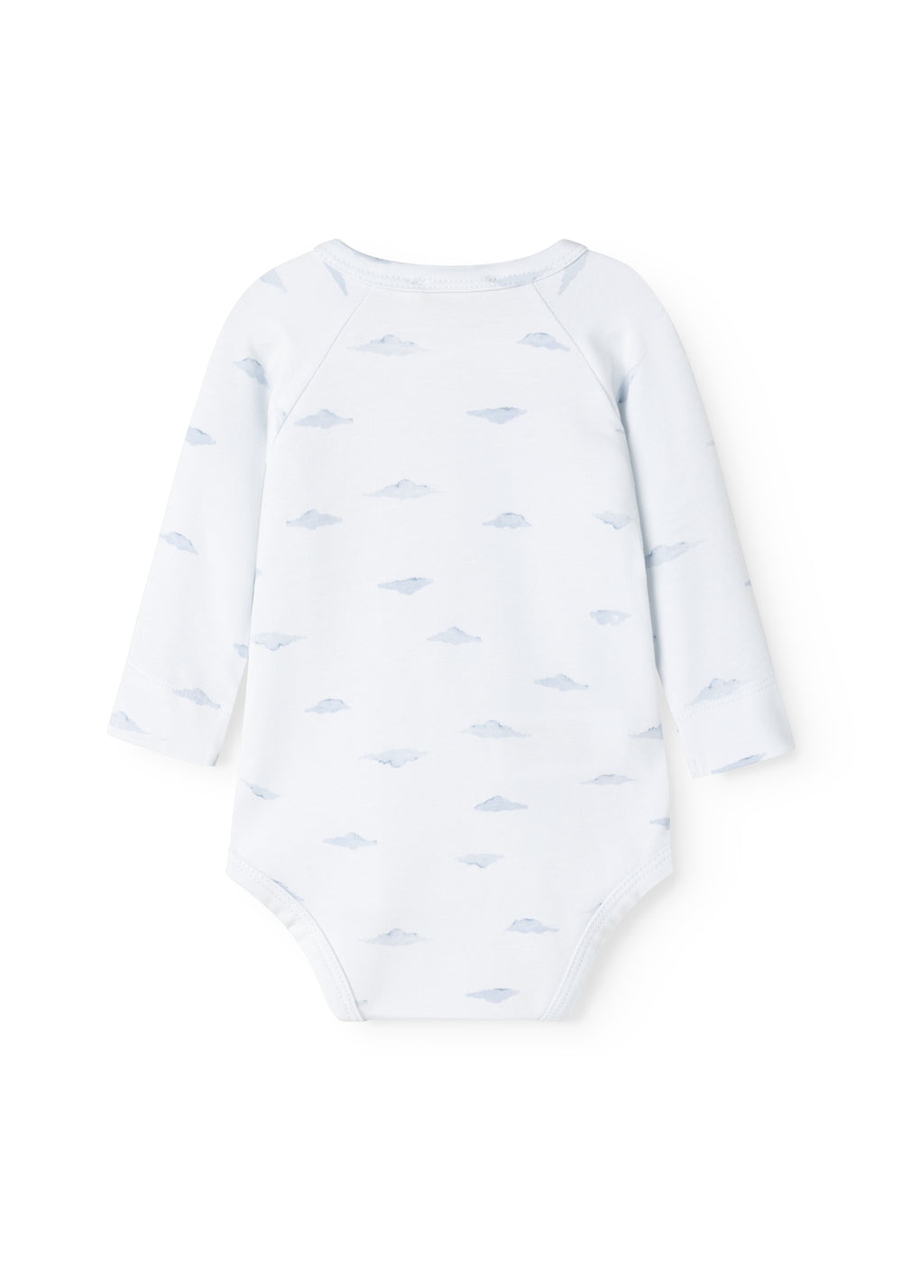 Bodystocking til baby i klart hvid med lyseblå fiskemønstre og lange ærmer