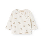 Offwhite bluse med lange ærmer og små teddybjørneprint over det hele