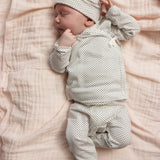 Babybukser med små sorte prikker på baby, elastisk linning og benafslutning