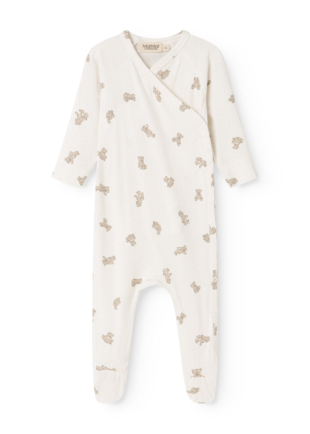 Hvid heldragt med beige teddybjørn-print over det hele og krydset hals