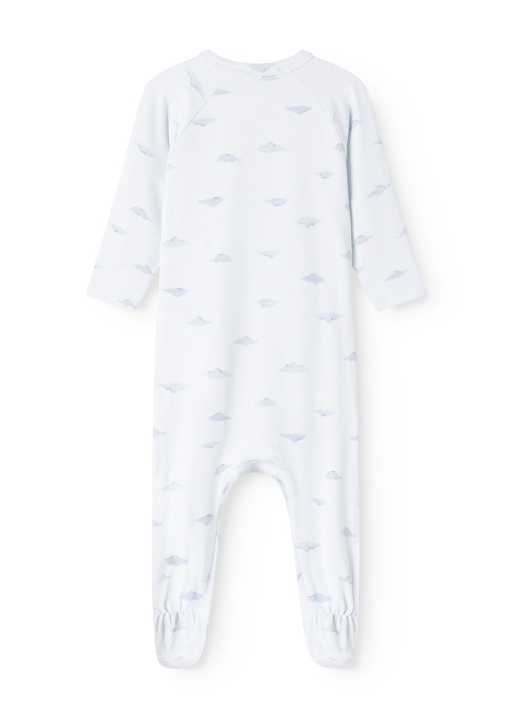 Hvid heldragt til baby med lyseblåt skyprint og lange ærmer, rund halsudskæring.