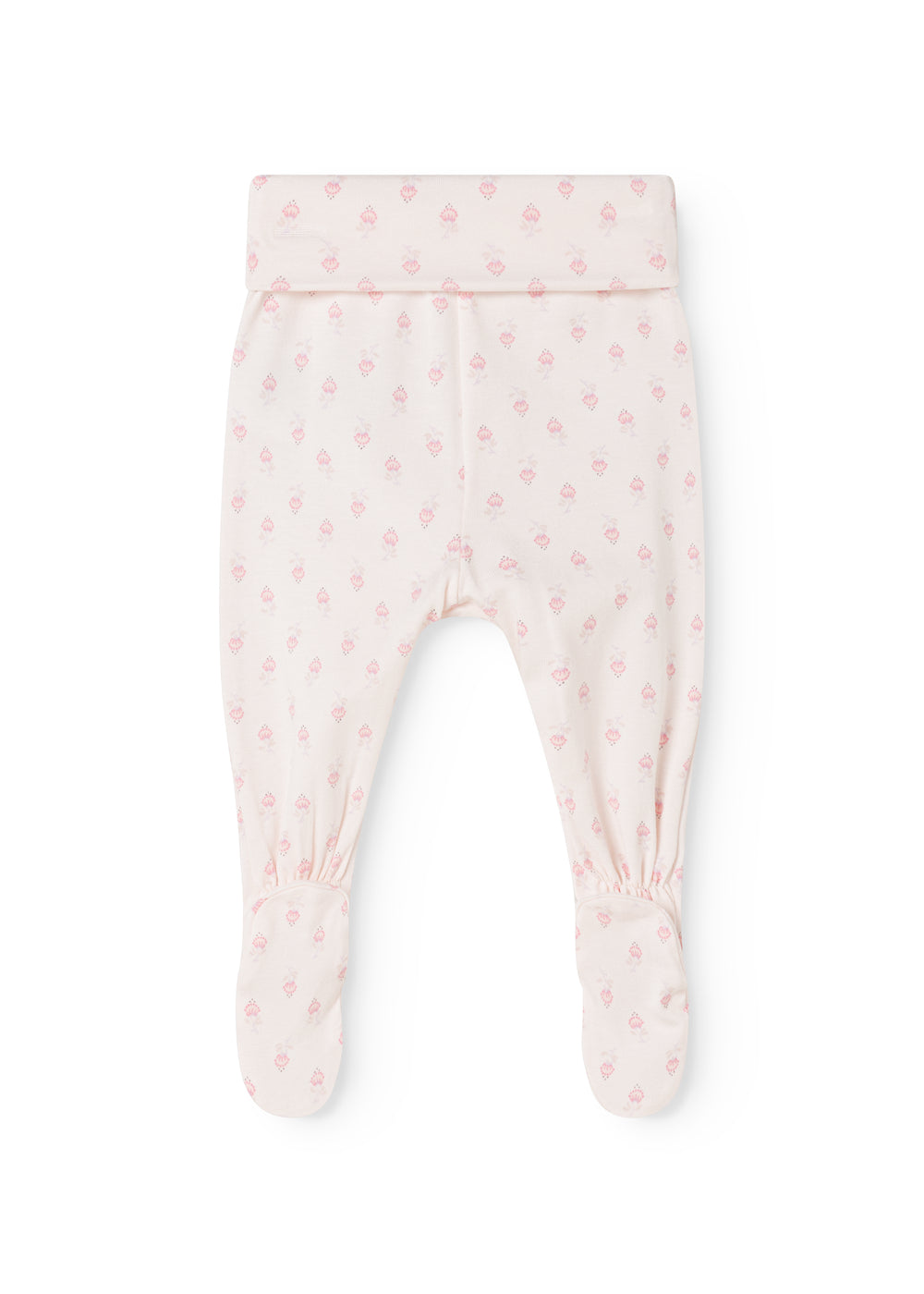 Babybukser i lyserød/hvid med små blomsterprint og fodafslutning