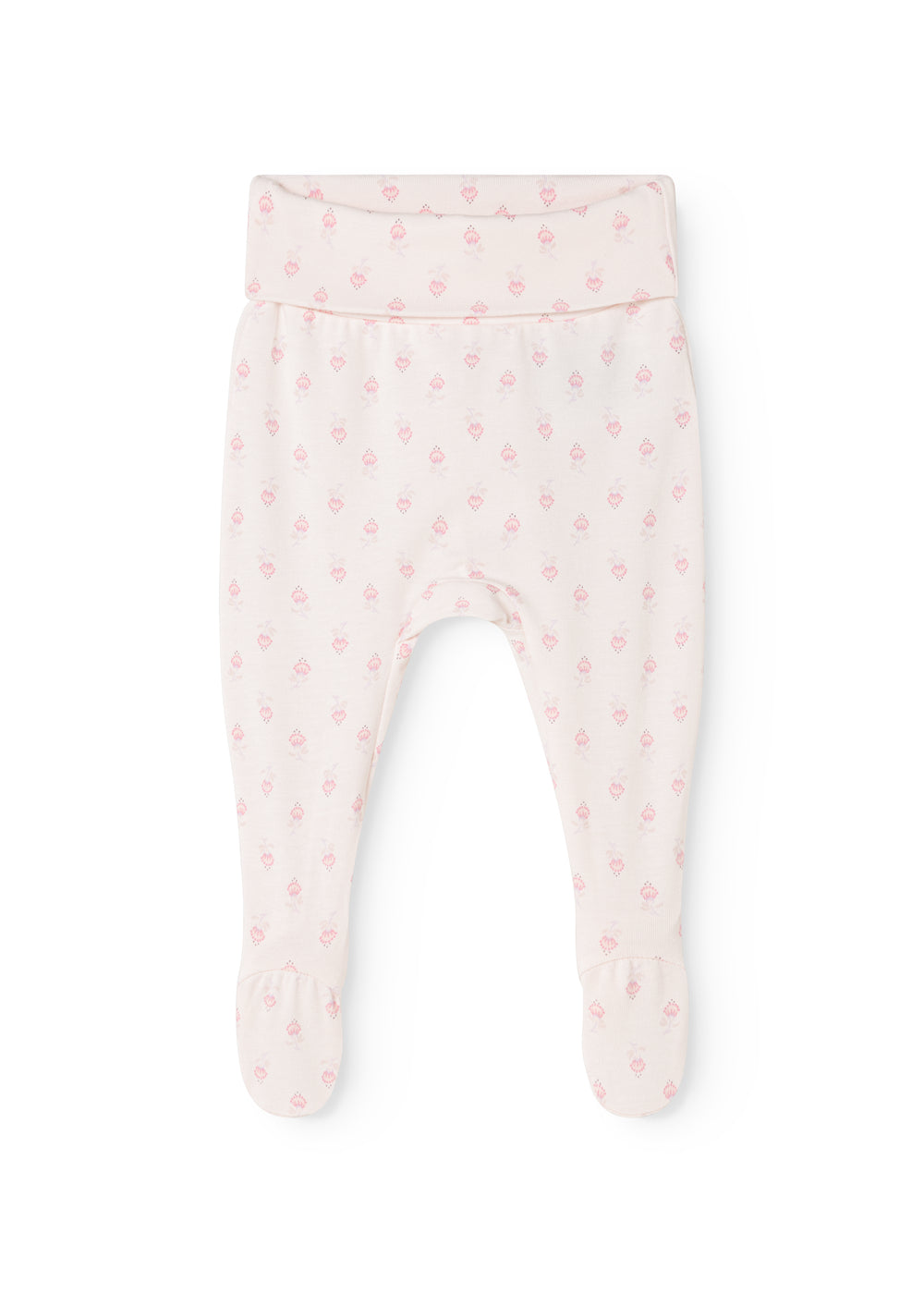 Babybukser med blomsterprint i lyserød på lys bund og fodafslutning