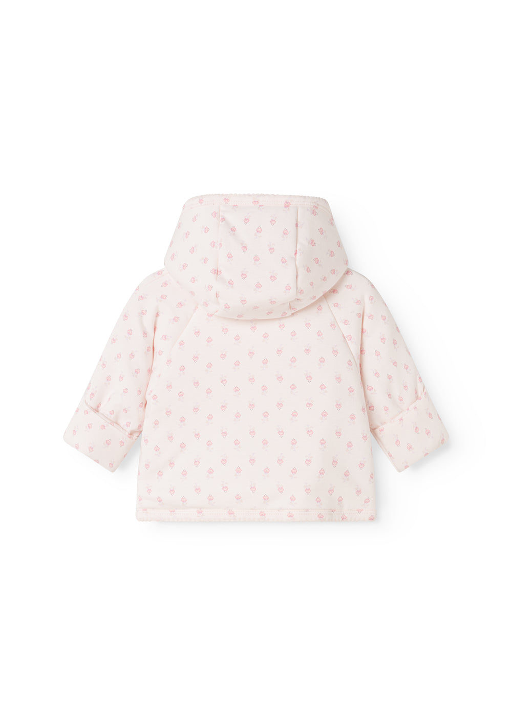 Hvid babyjakke med hætte og små pink blomsterprint, set bagfra