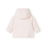 Hvid babyjakke med hætte og små pink blomsterprint, set bagfra