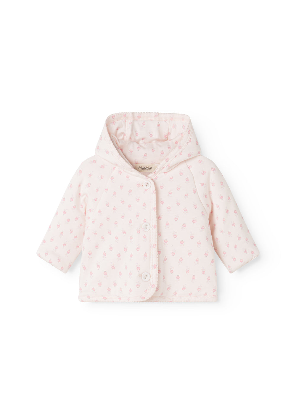 Hvid babyjakke med hætte, knaplukning og små pink blomsterprint