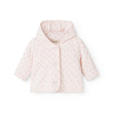 Hvid babyjakke med hætte, knaplukning og små pink blomsterprint