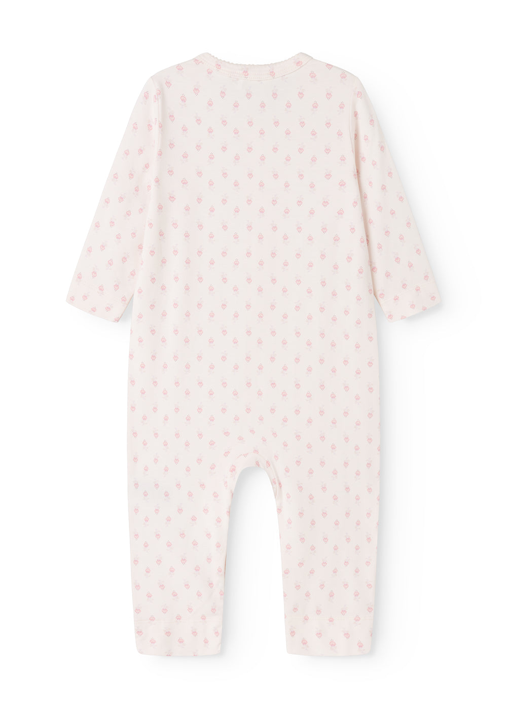 Babyheldragt i lys hvid med små lyserøde mønstre, hel ryg og lange ærmer.
