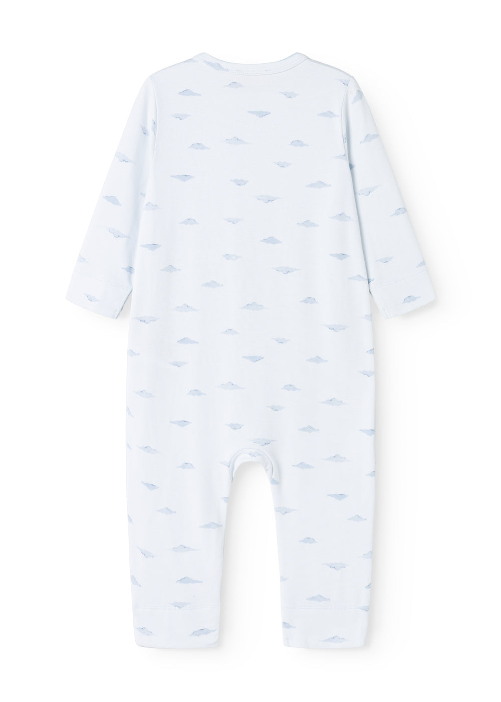 Heldragt til baby i hvid med lyseblåt mønster og lange ærmer