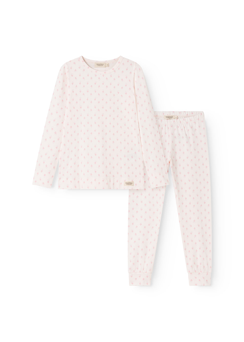 Børne-pyjamasæt i hvidt med lyserøde mini-blomster, langærmet top og bukser