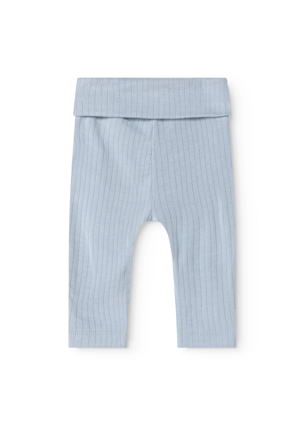 Lyseblå babybukser med elastisk talje og rund benåbning, set bagfra