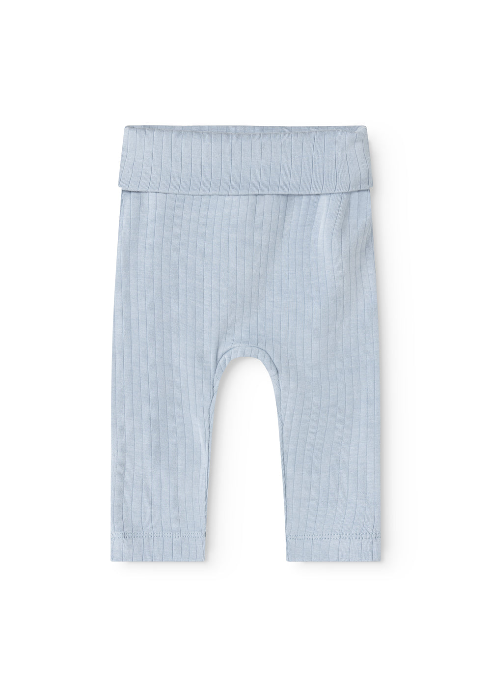 Lyseblå babybukser med elastisk talje og lige ben, set forfra