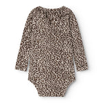 Leopardmønstret mørkebrun bodystocking set bagfra med lange ærmer