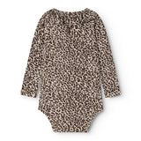Leopardmønstret mørkebrun bodystocking set bagfra med lange ærmer