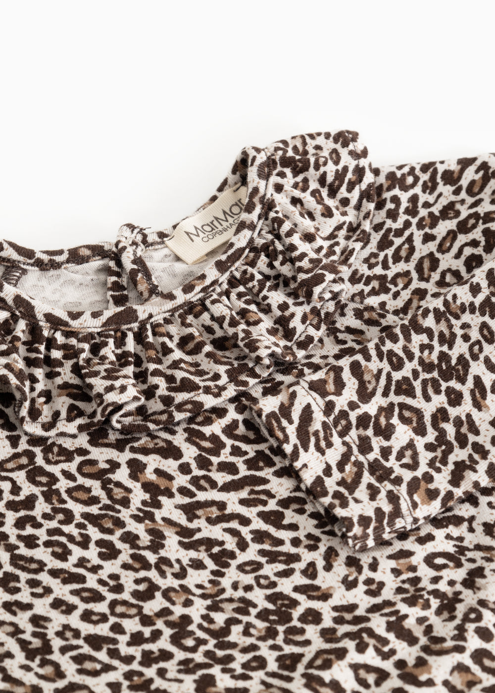 Leopardmønstret mørkebrun bodystocking med flæsekrave og lukning i halsen