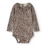 Leopardmønstret mørkebrun bodystocking med lange ærmer og rund hals