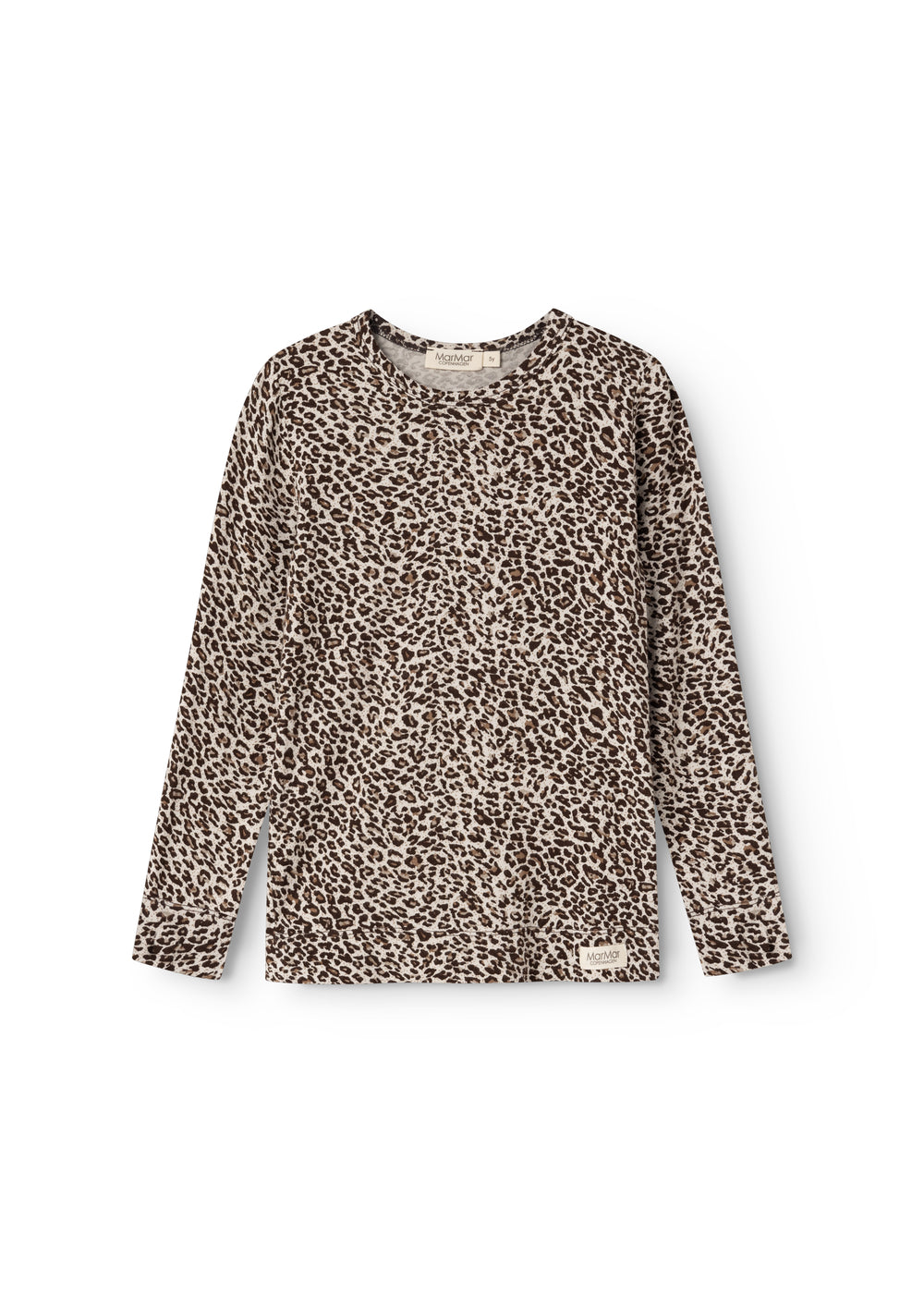 Leopardmønstret langærmet T-shirt i mørkebrun og natur, rund hals