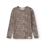 Leopardmønstret langærmet T-shirt i mørkebrun og natur, rund hals