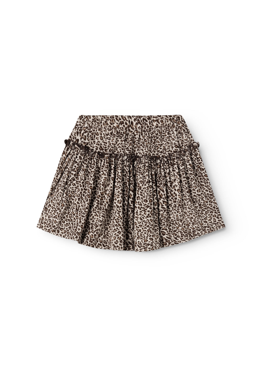 Leopardnederdel med elastisk talje og rynket, A-formet skørt i mørk brun-beige