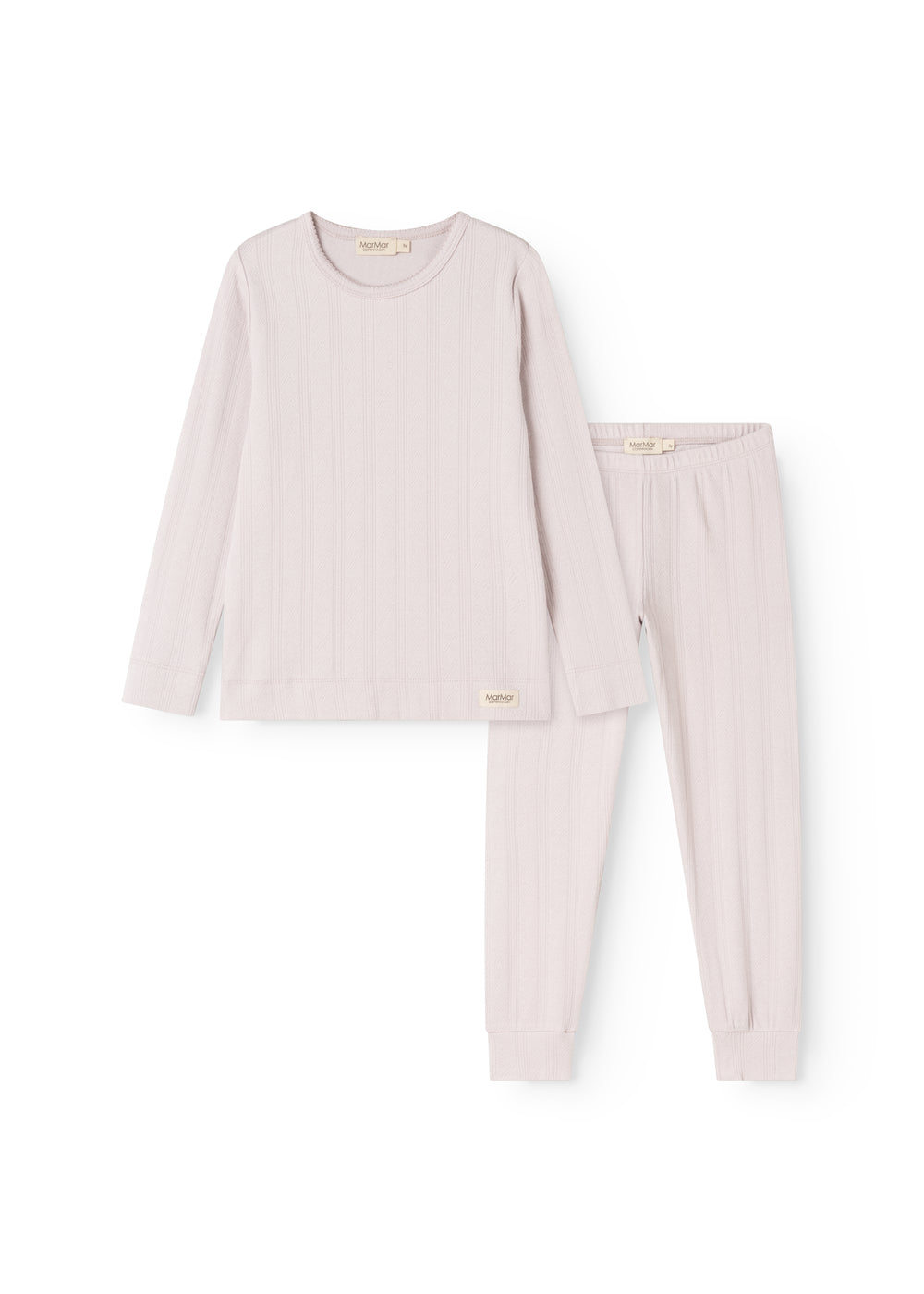 To-delt børnepyjamas i lys lilla: langærmet trøje og lange bukser med ribkant.
