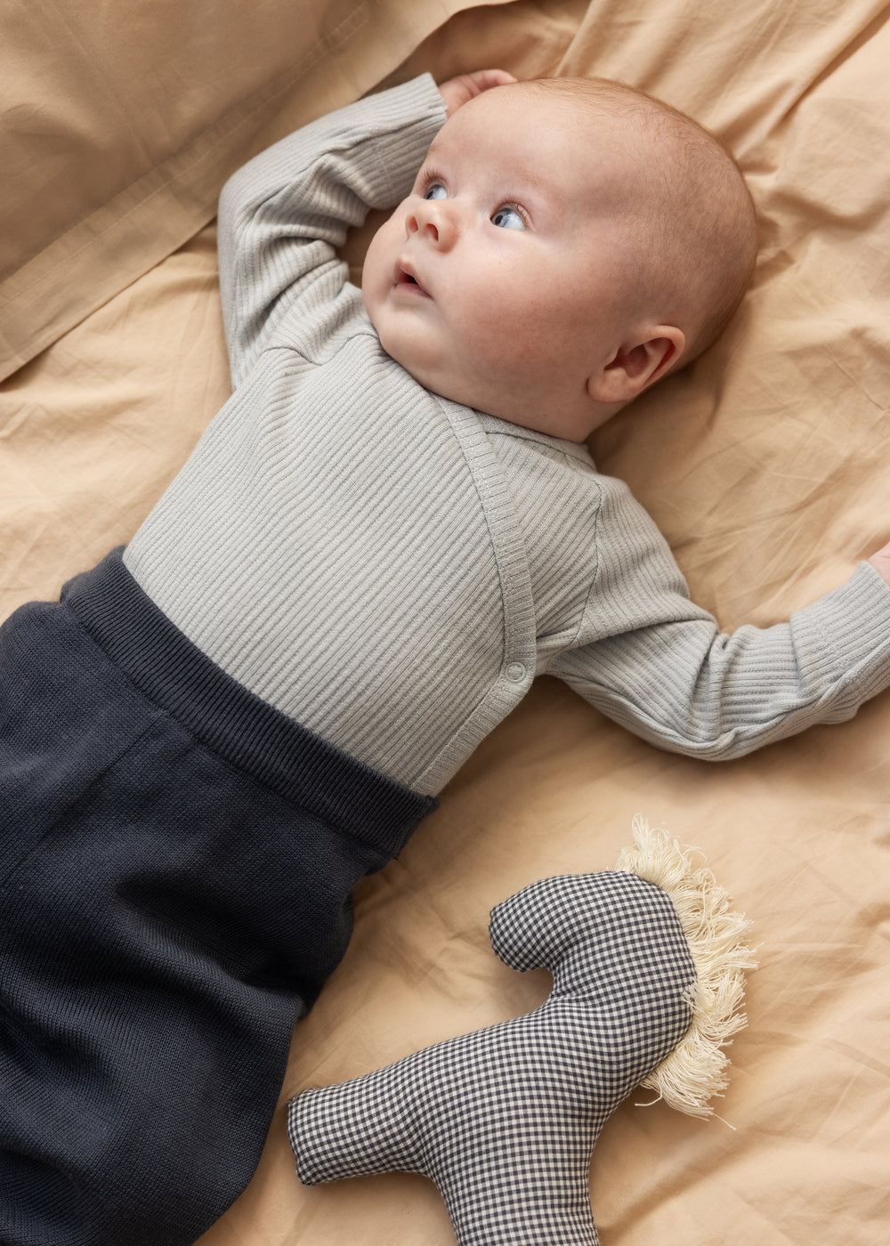 Udstoppet hest i blå-hvidt tern, holdt af baby i gråt og mørkt tøj