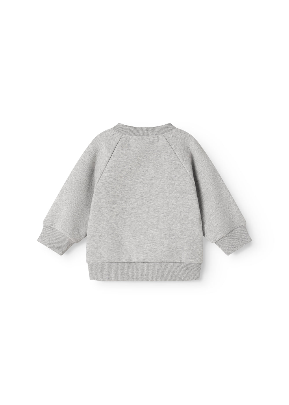 Grå bluse med ribkant ved ærmer og nedre kant, set bagfra