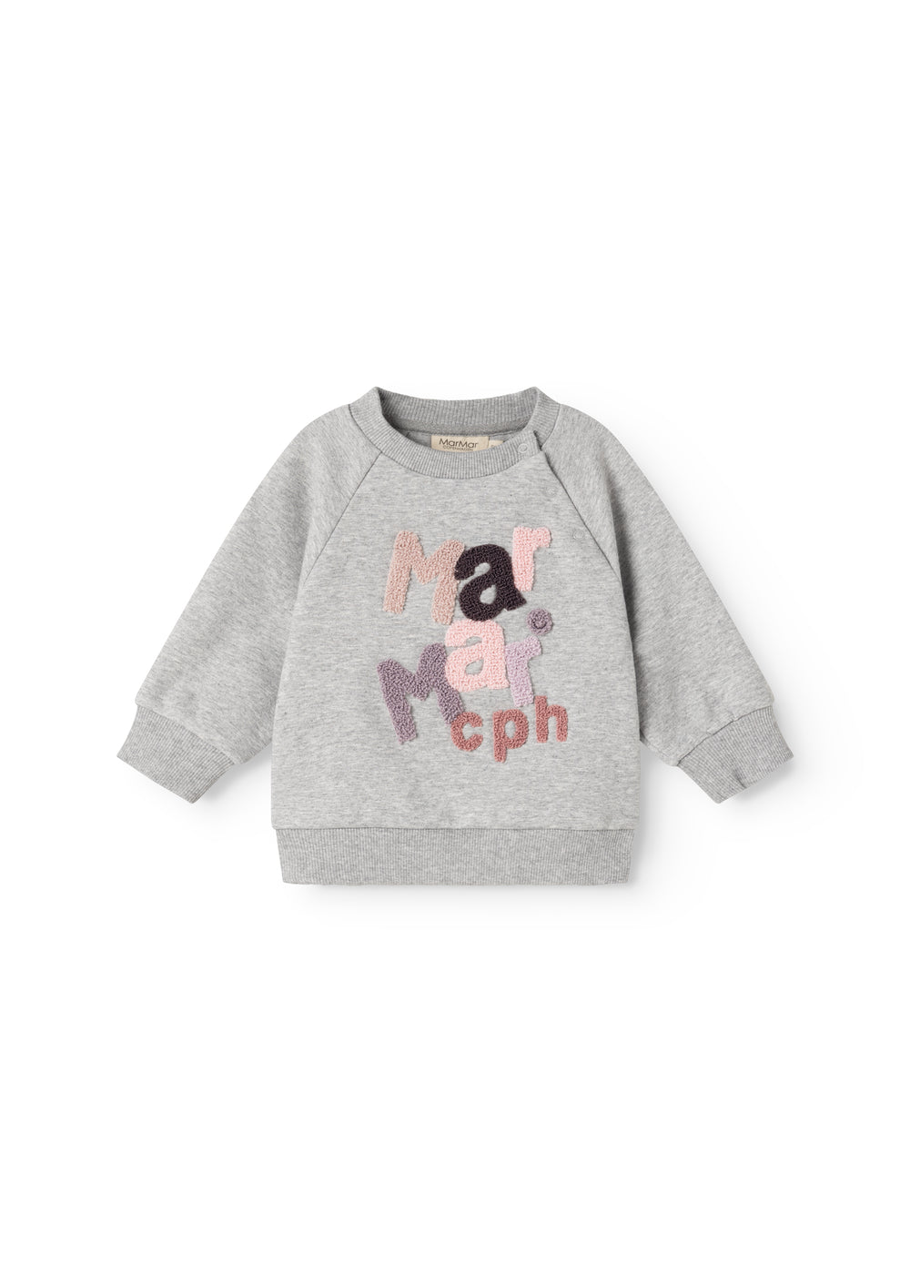 Grå babybluse med farvet bogstavprint foran og lange ærmer