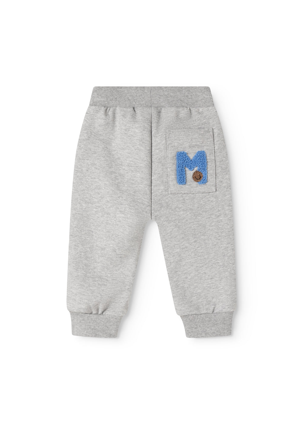 Grå babybukser med blå logo-patch og elastiske manchetter