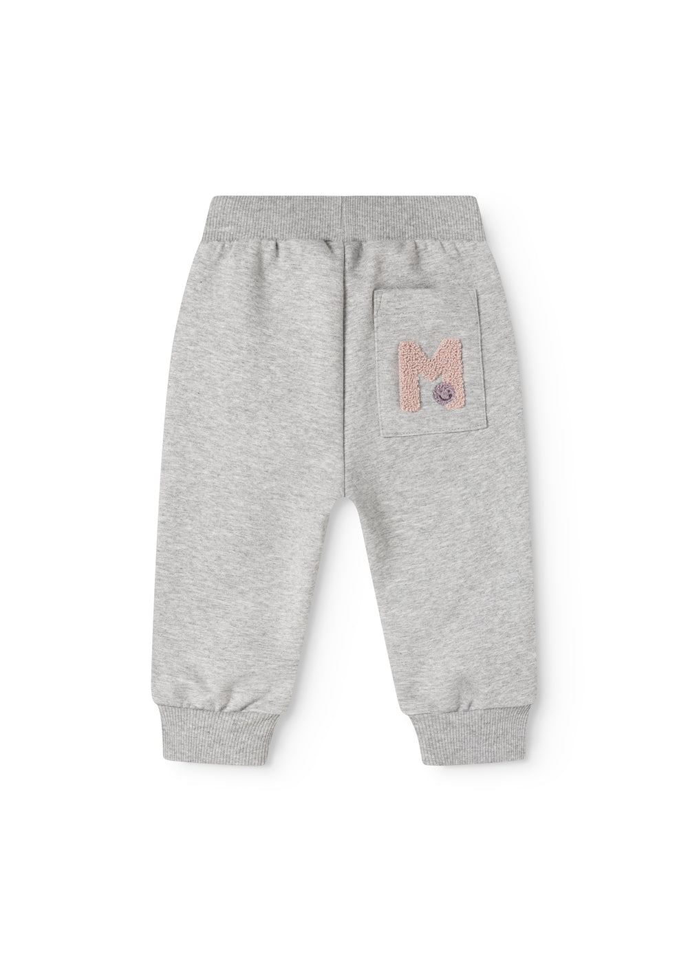 Grå babybukser med lomme og lille logo-print foran