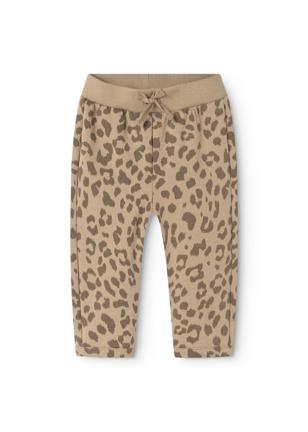 Leopardmønstret babybukser i beige med snøre foran og elastisk linning