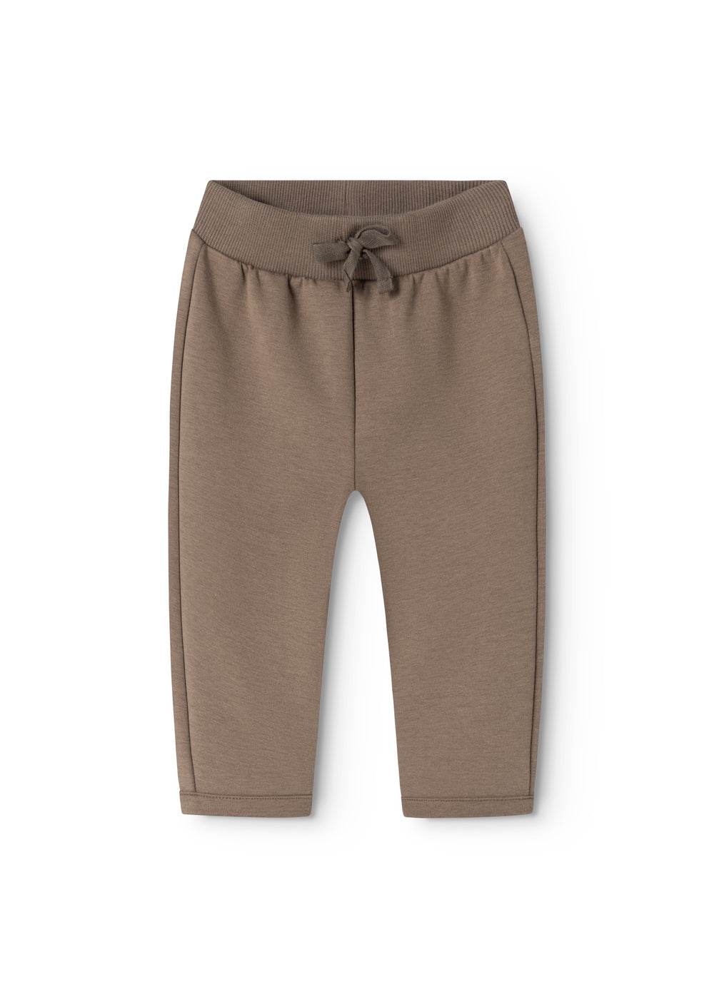 Dusty brown babybukser med elastiklinning og knyttet snøre, lige ben med manchet