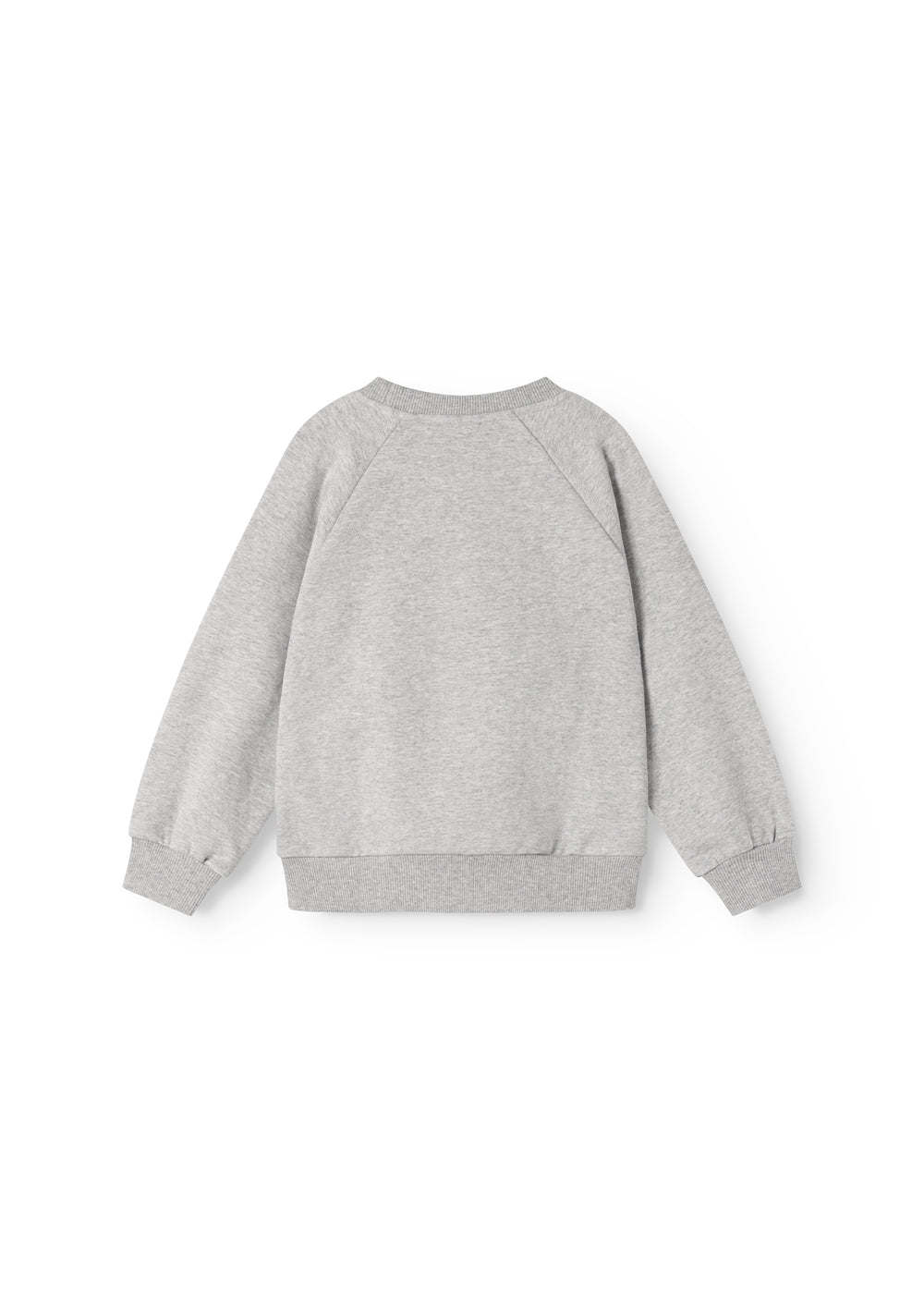 Grå sweatshirt med rund halsudskæring, lange ærmer og glat bagside