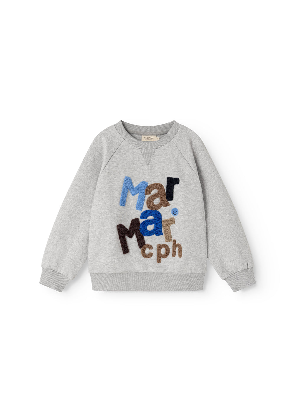 Grå sweatshirt med flerfarvet “Mar mar” logo-print foran og lange ærmer