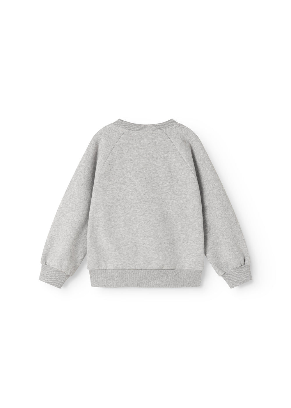 Grå sweatshirtbluse med lange ærmer og ribkant ved hals og håndled.