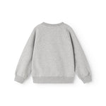 Grå sweatshirtbluse med lange ærmer og ribkant ved hals og håndled.