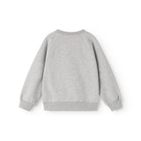 Grå sweatshirtbluse med lange ærmer og ribkant ved hals og håndled.
