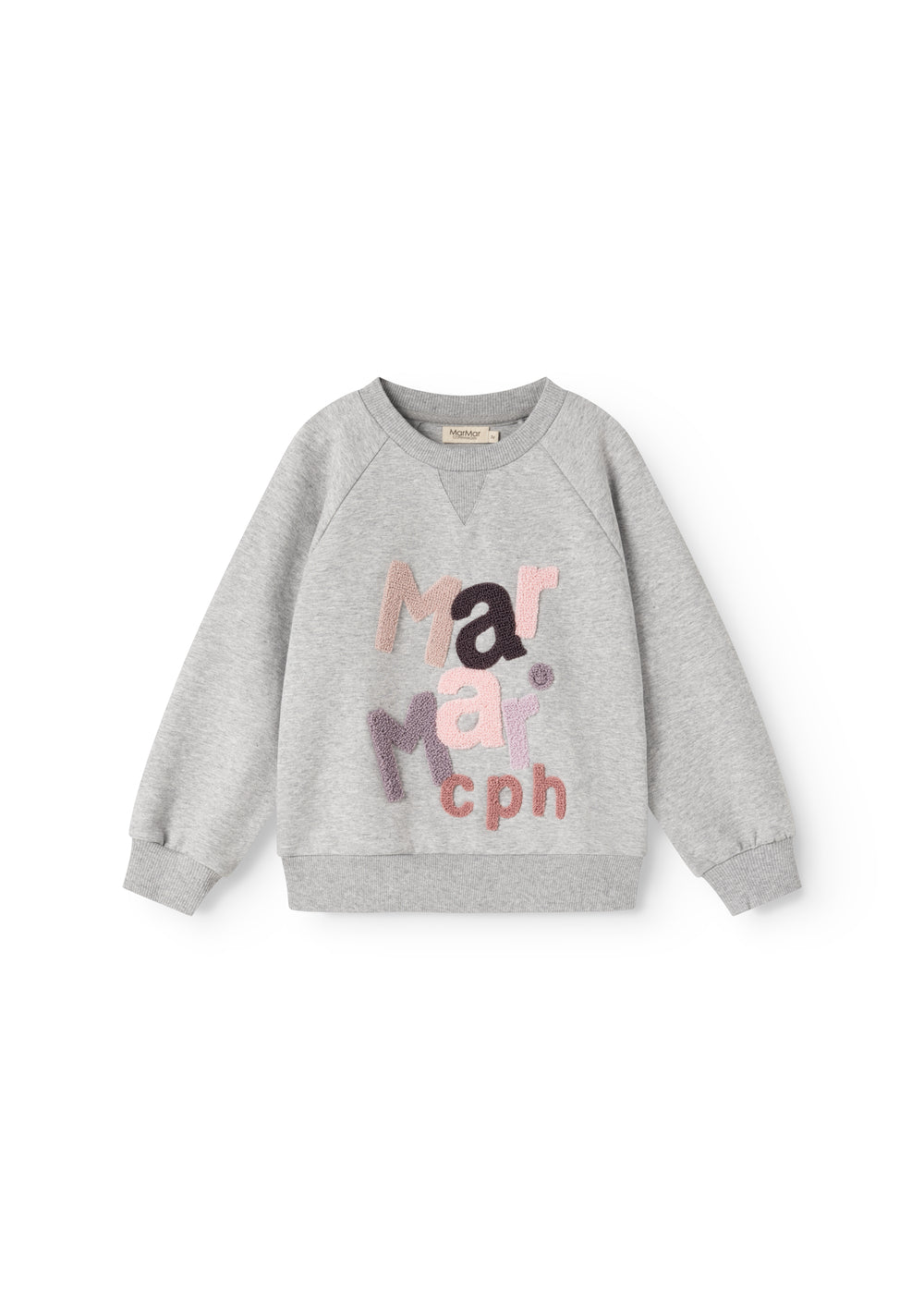 Grå sweatshirtbluse med farverigt tekst-/logo-print foran og lange ærmer.