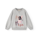 Grå sweatshirtbluse med farverigt tekst-/logo-print foran og lange ærmer.