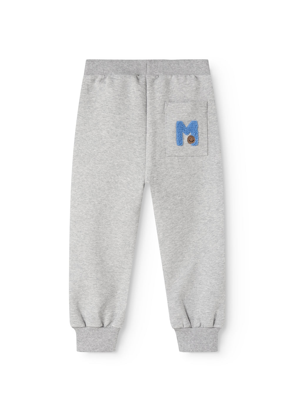Grå joggebukser til børn med blå logo på lår og ribkanter ved anklerne