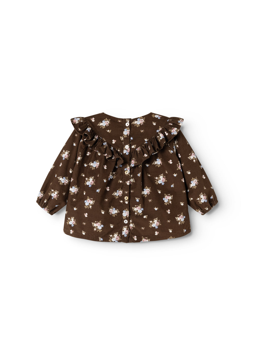Foranvendt brun babybluse med knapper og voluminøs flæsekrave; blomstermønster hele vejen.