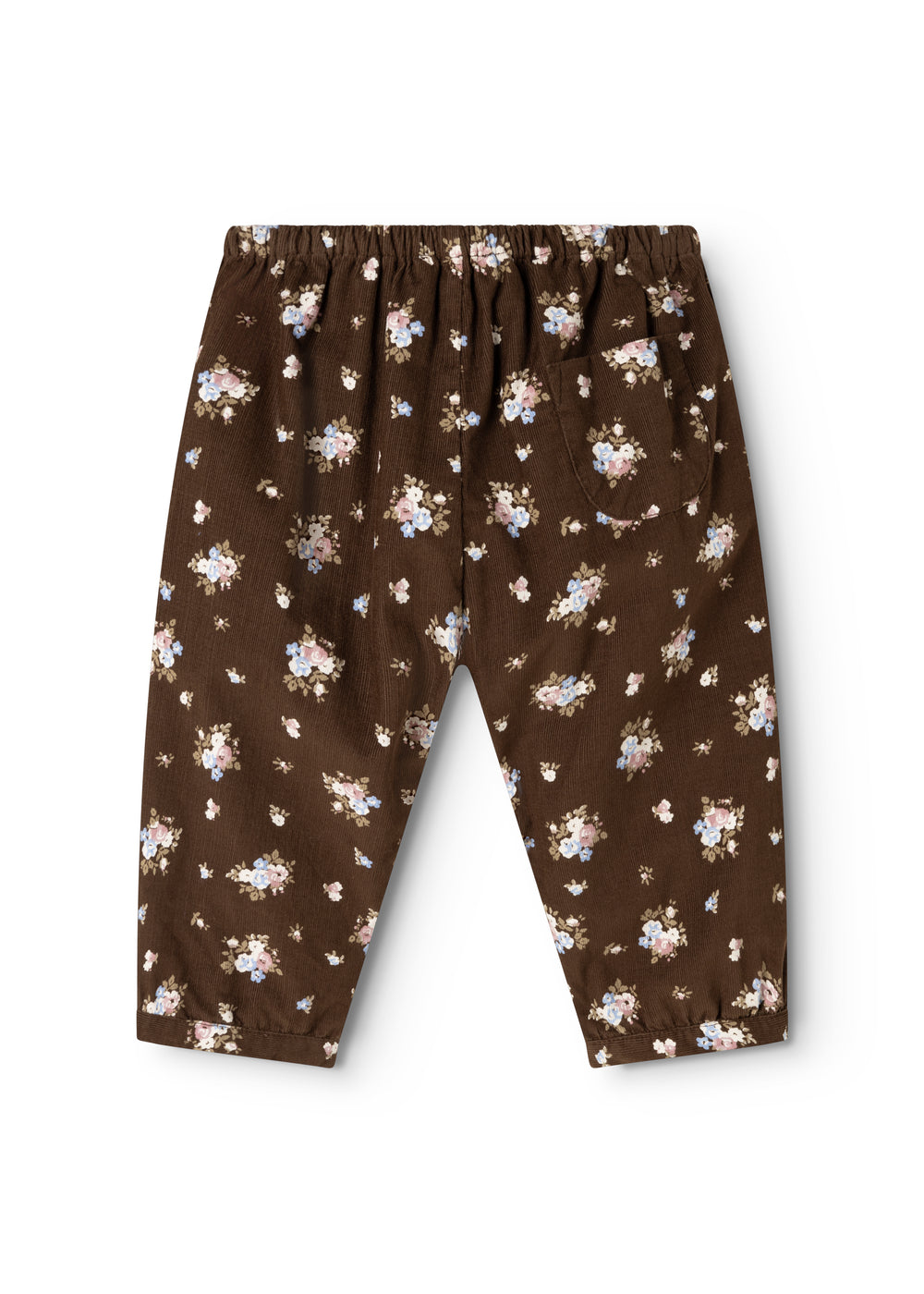 Brune babybukser med blomsterprint, elastisk talje og løse, lange ben