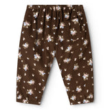 Brune babybukser med blomsterprint, elastisk talje og løse, lange ben