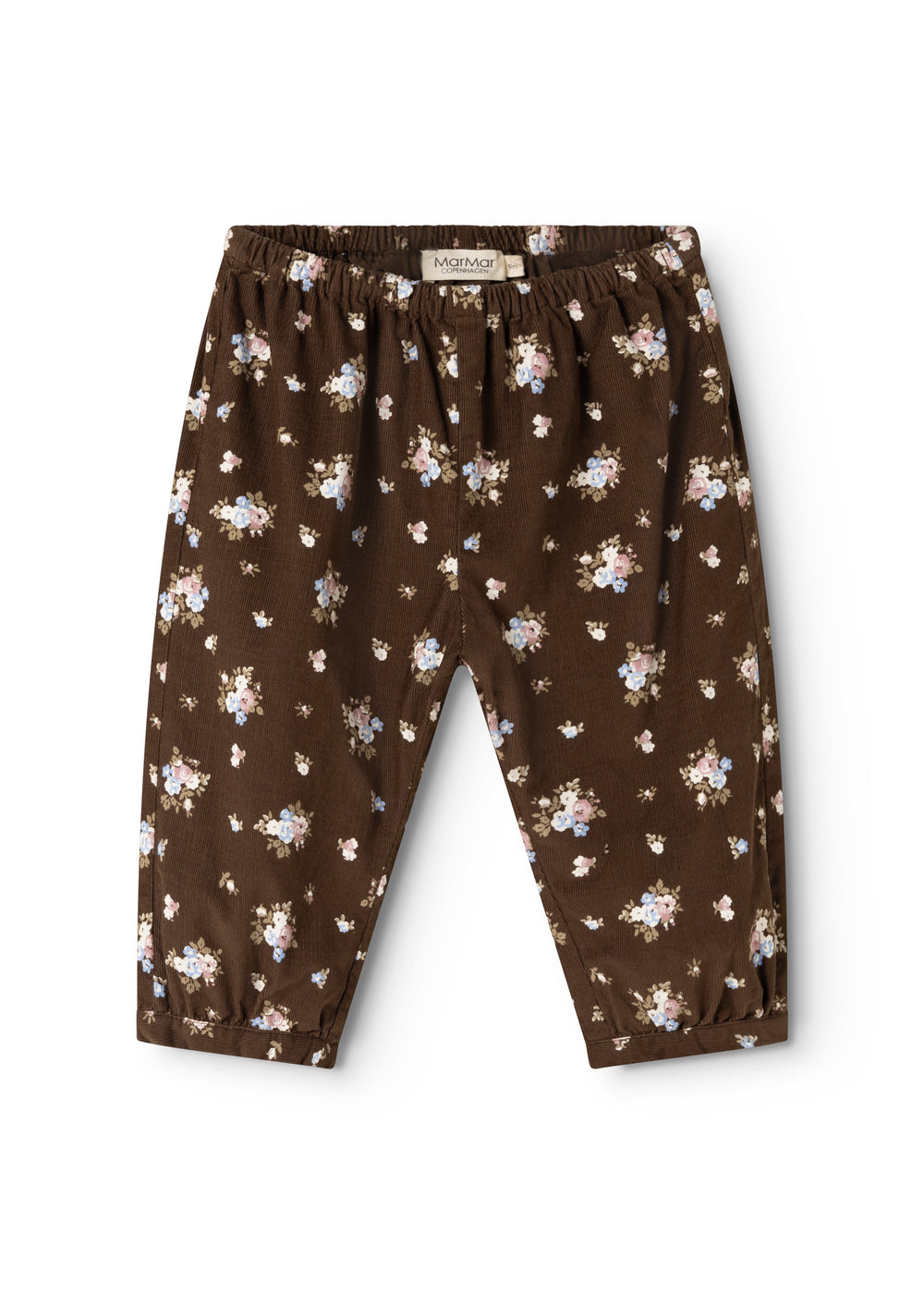 Brune lange bukser med blomsterprint, elastisk linning og løse ben