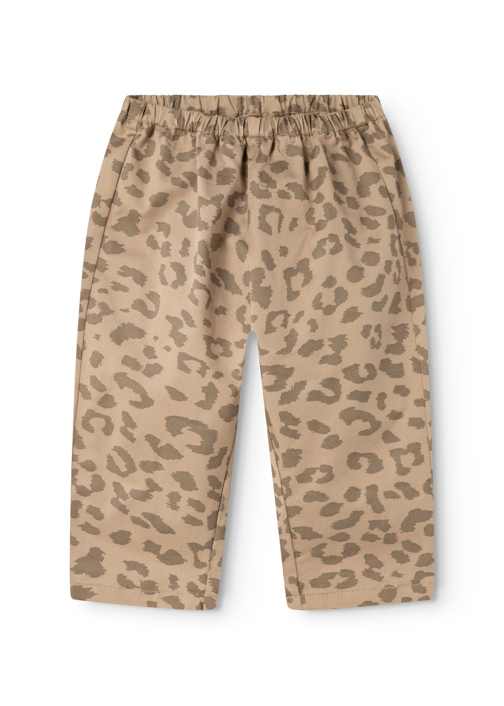 Sandfarvede babybukser med leopardprint, løs pasform og elastik i taljen