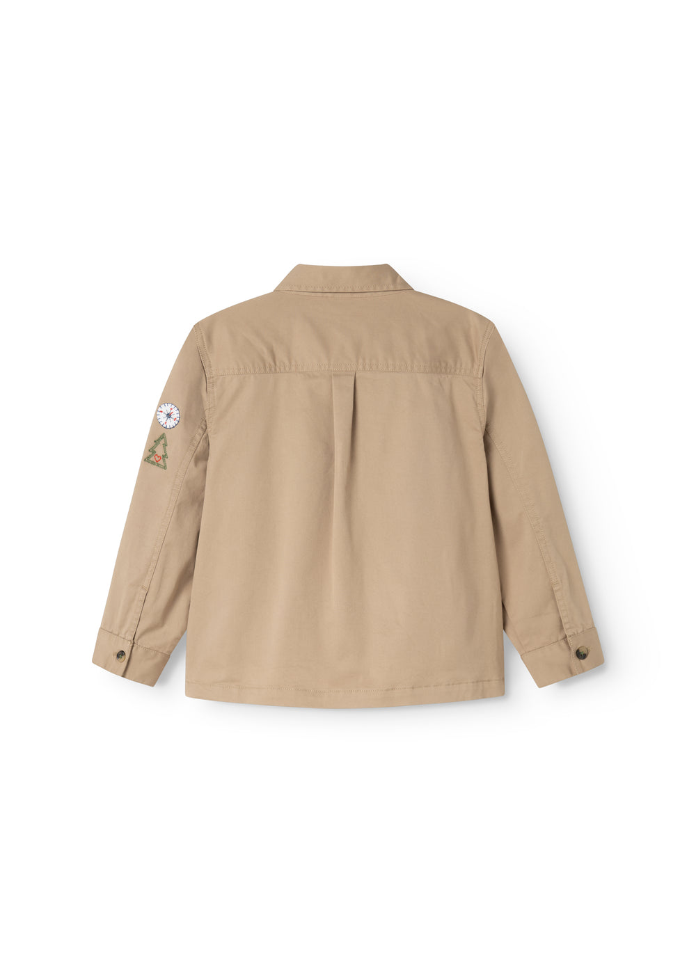 Beige jakke til børn set bagfra med hel ryg og ærme-udsmykning