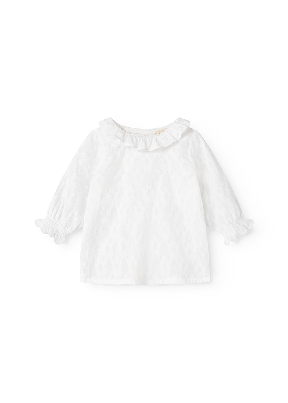 Hvid babybluse med rynket flæsekant ved hals og elastiske ærmer