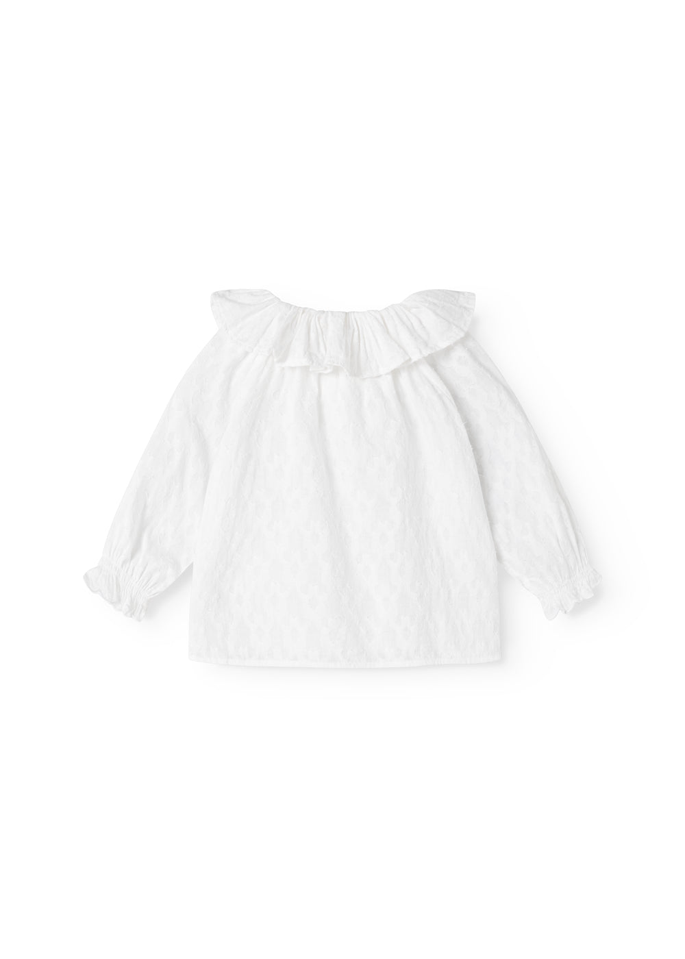 Hvid babybluse med flæsekrave og rynkede ærmer, løs pasform