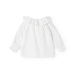 Hvid babybluse med flæsekrave og rynkede ærmer, løs pasform
